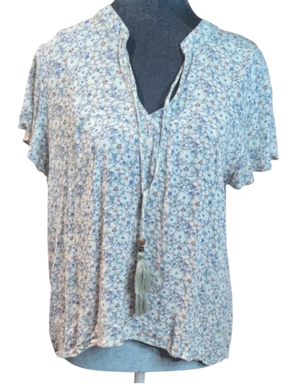 Mason & Bell Blue Floral Gauzy Blouse Top Ties with Tassels Size Medium